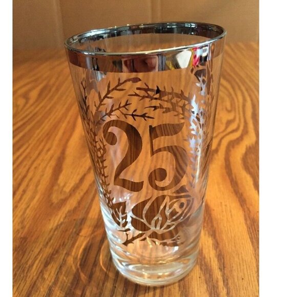 25th Wedding Anniversary Tumbler Drink Glass‎ Silver Rim Frosted Floral Vtg - Picture 1 of 9